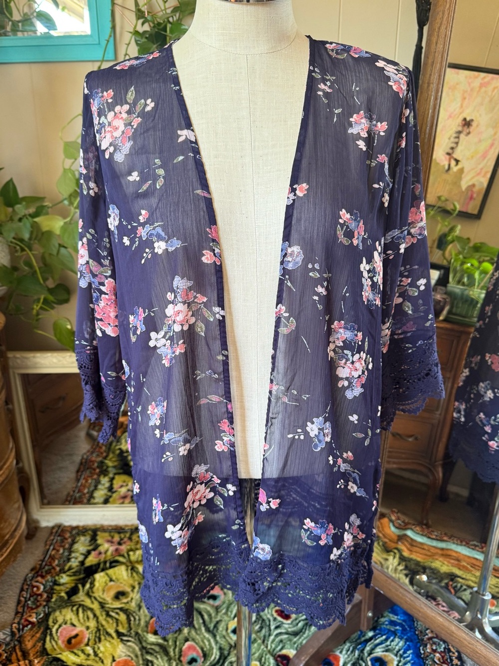 Mason & Belle Womens Size Medium Blue Floral Sheer Open Front Robe